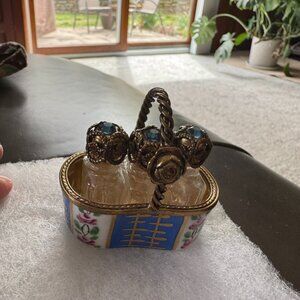 Limoges Basket with 3 Crystal Perfume Bottles Peint Main France